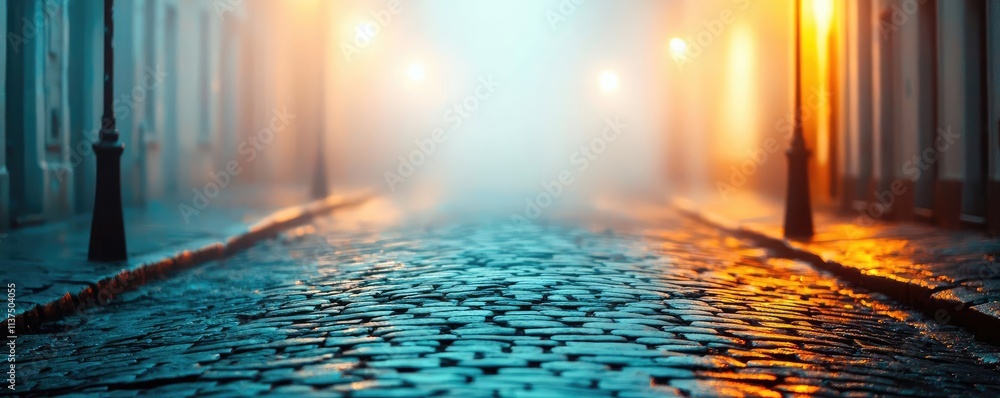 Poster Mysterious fog idea. A mystical street scene enveloped in fog and illuminated by soft streetlights.