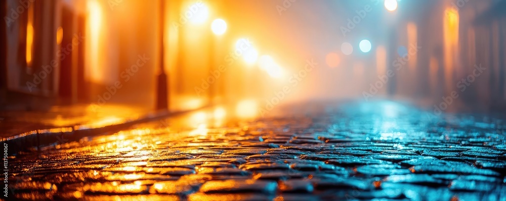 Poster mysterious fog idea. a serene street illuminated by lamplights on a foggy night with wet cobblestone
