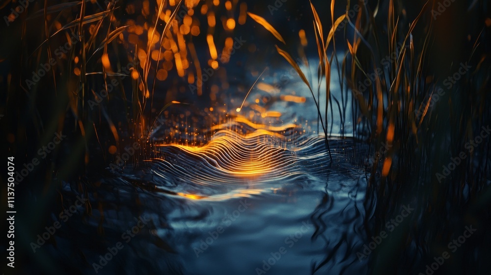 Aufkleber warm glowing sound waves from a narrator nature scene water reflection evening glow tranquil environ