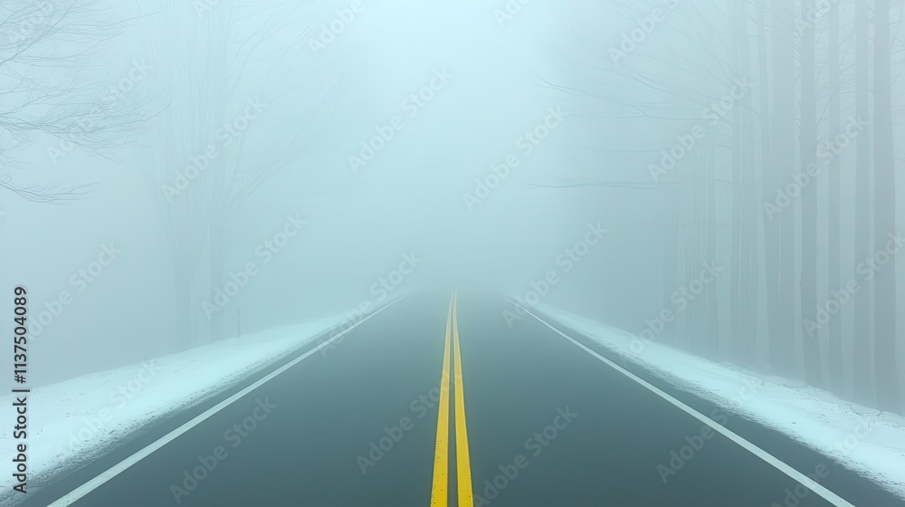 Poster Mysterious fog idea. A foggy road disappearing into the distance creates a mysterious and serene atmosphere.