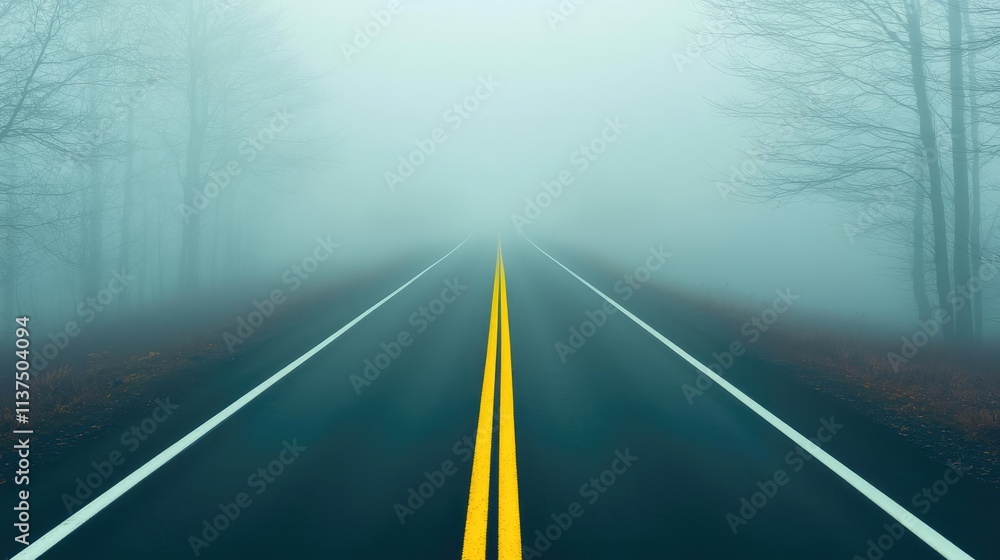 Poster mysterious fog idea. a foggy road creates a mysterious and serene travel atmosphere.