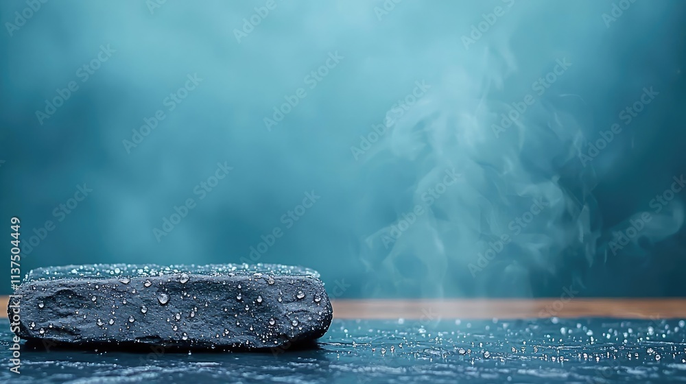 Poster Mysterious fog idea. A dark stone with droplets on a surface, creating a serene and calming atmosphere.