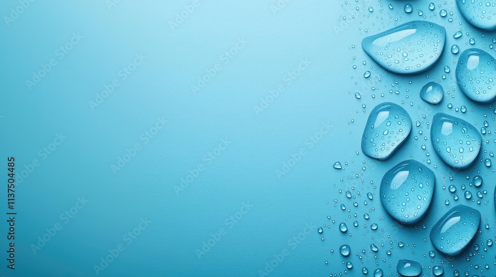 Poster Mysterious fog idea. Close-up of water droplets on a blue surface, creating a calm and refreshing ambiance.