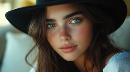 Portrait of young woman with black hat