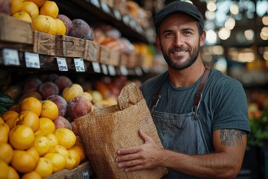Employee with Grocery Bag and Thumbs Up at Market