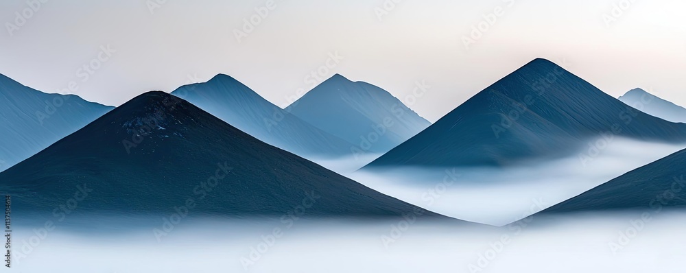 Aufkleber Mysterious fog idea. Misty mountains create a serene atmosphere, enveloped in soft fog and calming hues.
