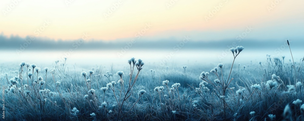 Poster mysterious fog idea. a serene winter landscape with frosted grass and a soft sunrise in the backgrou