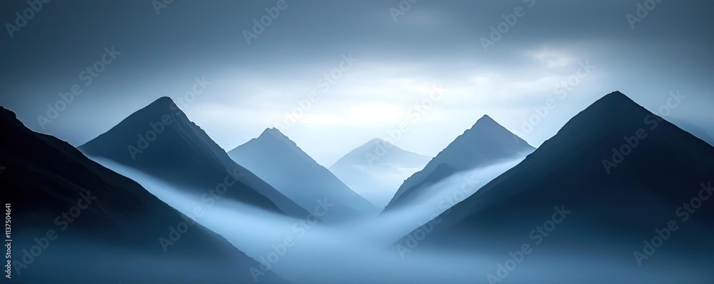 Aufkleber Mysterious fog idea. Misty mountains under a cloudy sky, creating a serene and mysterious atmosphere.