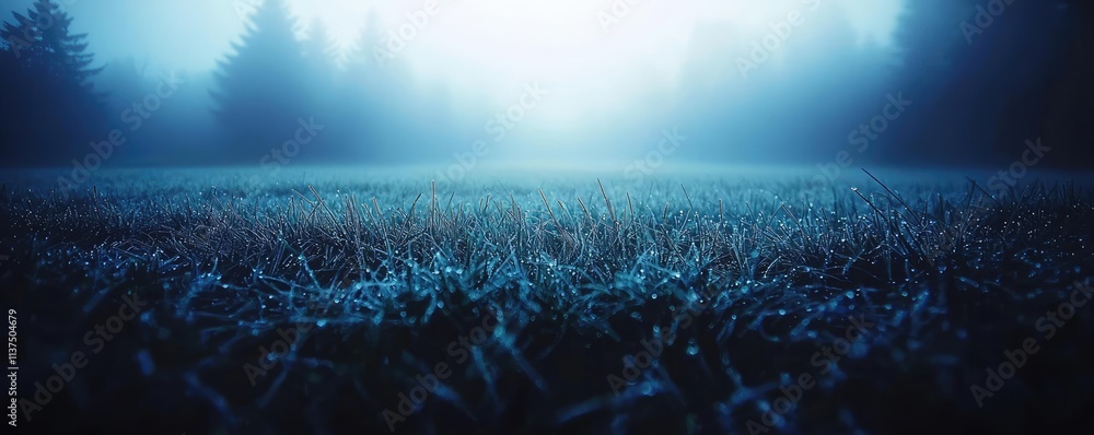 Aufkleber Mysterious fog idea. A serene view of a misty field with dew-covered grass and soft, muted light.