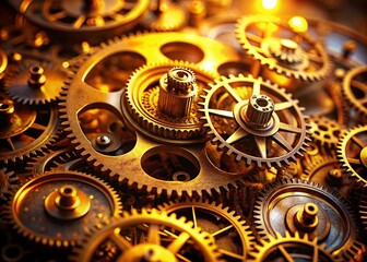 Golden Gears in Motion: Low Light Industrial Photography, Steampunk Machinery, Cinematic Lighting