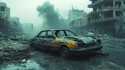 Abandoned burnt car in war-torn urban landscape