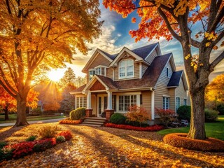 Naklejka premium Golden Hour Autumn Home - Cozy Suburban House Photography, Fall Leaves, Sunset Landscape