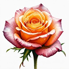 Sunrise Rose: A captivating close-up of a single rose, its petals transitioning from a deep magenta to a vibrant orange, adorned with glistening dewdrops. The image evokes feelings of romance, beauty.