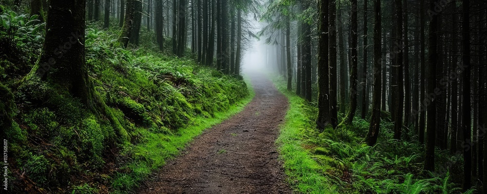 Poster Mysterious fog idea. A serene forest path surrounded by lush green trees and misty ambiance.