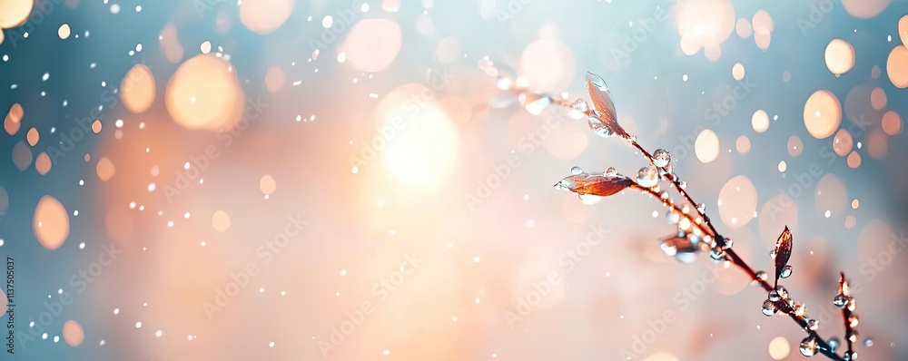 Poster mysterious fog idea. a delicate branch adorned with droplets glistening in soft, ethereal light.
