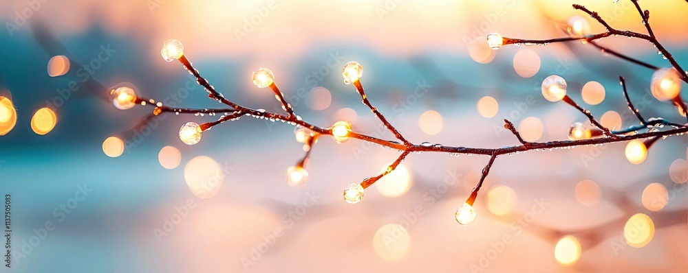 Poster mysterious fog idea. twinkling lights on a branch create a cozy and magical atmosphere at sunset.