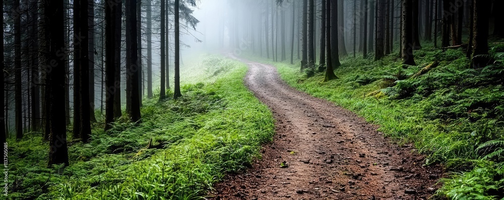 Poster mysterious fog idea. a serene forest path surrounded by lush greenery and misty trees.