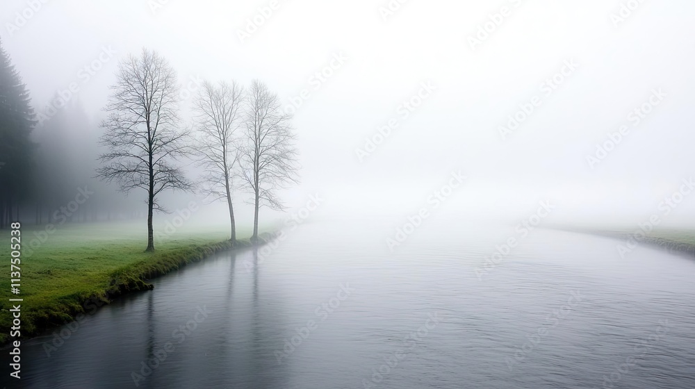 Poster mysterious fog idea. serene foggy landscape with trees reflecting in calm water creates a peaceful a