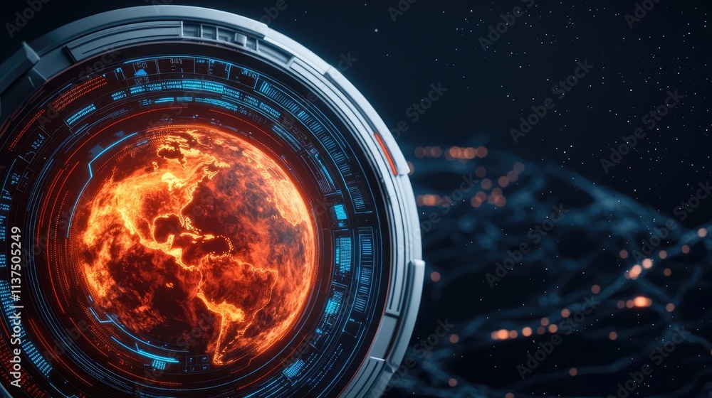 Poster weather forecast idea. a glowing planet surrounded by futuristic technology in outer space.