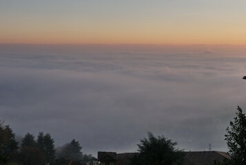 Fog on po valley from Bergamo, Lombardy, Italy