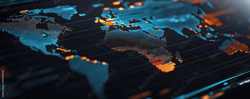Poster weather forecast idea. abstract digital world map with vibrant colors highlighting countries and reg