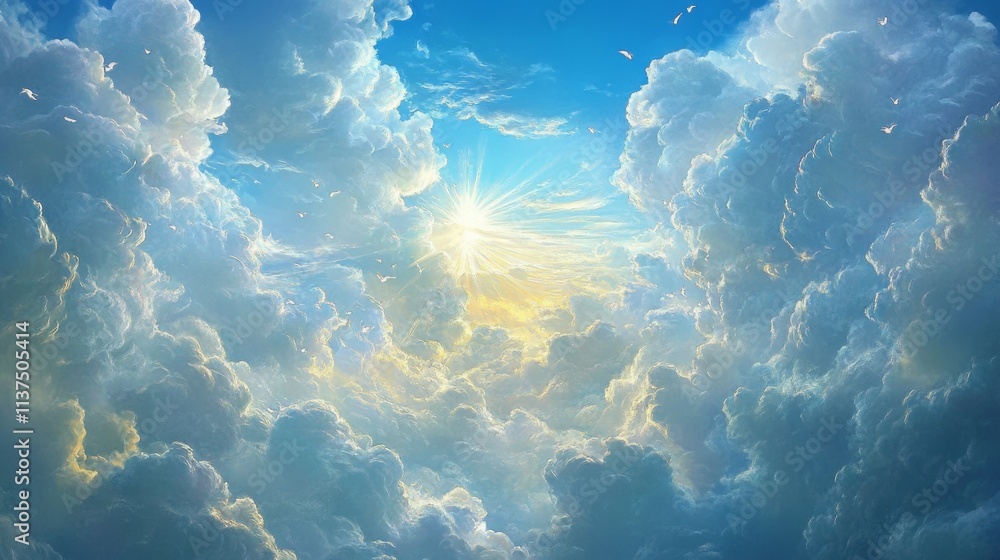 Poster bright sunlight filters through soft, billowing clouds in a radiant blue sky, creating a tranquil an