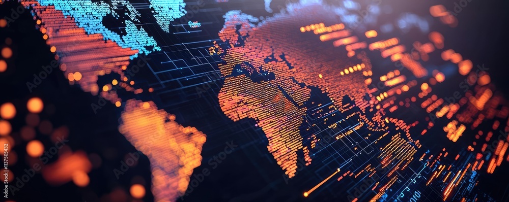 Poster Weather forecast idea. Abstract digital world map with glowing lights and data connections.