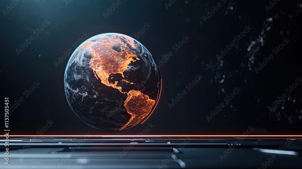Poster weather forecast idea. stunning visualization of earth with fiery continents and dark cosmic backgro