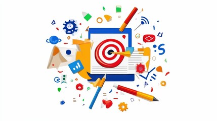 Obraz premium Colorful target, document, pencils, and abstract shapes.