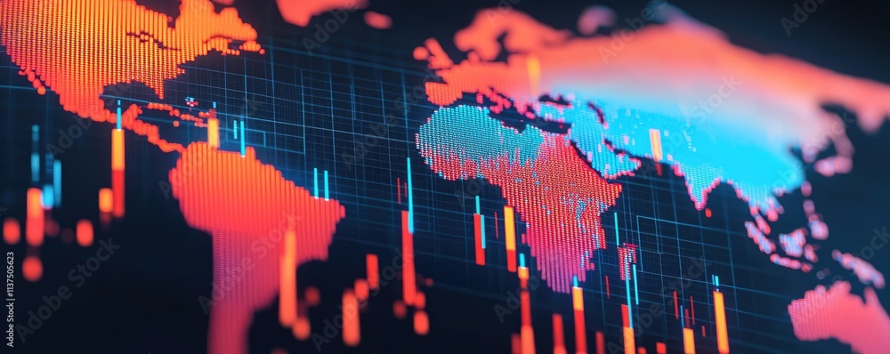 Poster Weather forecast idea. Abstract global map with data visualization and colorful graphs representing trends.
