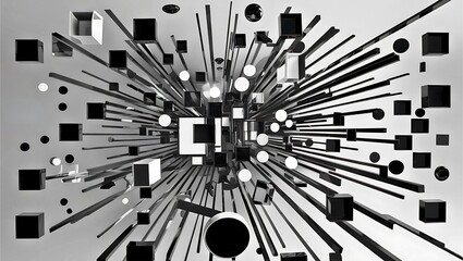 立体的な幾何学模様のサンバースト、モノクロ、白黒