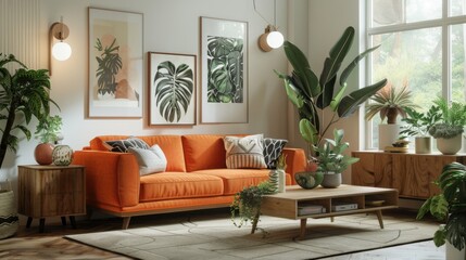 Modern Eclectic Living Room with Orange Sofa and Lush Greenery