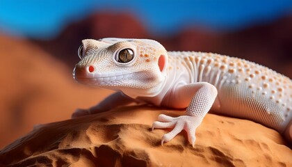 A gecko resting on a sunlit rock, extreme close-up of its textured skin and curious eyes, surrounded by dry desert terrain.