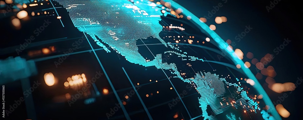 Poster weather forecast idea. futuristic globe visualization highlighting digital connections and geographi