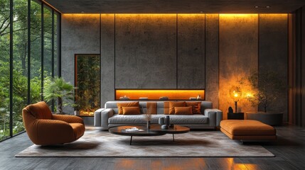 Modern living room with gray and orange decor, large windows, and a serene outdoor view.