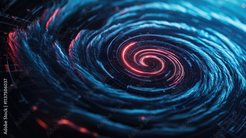 Poster weather forecast idea. abstract swirling vortex of blue and red light representing cosmic energy.