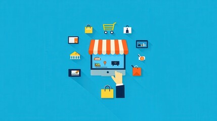 Online shopping, icons, digital storefront, hand clicks.