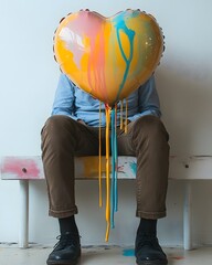 Fototapeta premium Person Sitting With Paint Dripping Heart Balloon