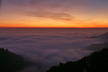 Fog on po valley  at the sunset from Bergamo, Lombardy, Italy