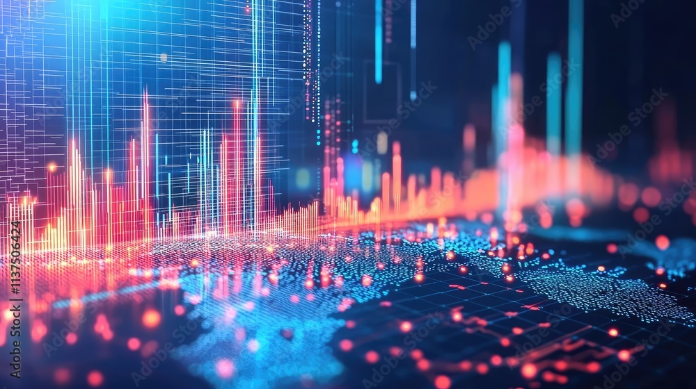 Poster Weather forecast idea. Abstract visualization of digital data analysis with glowing graphs and data points.