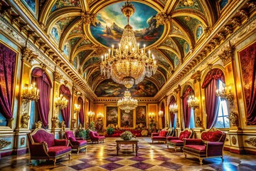 Obraz premium Grand Hall Chandelier, Ornate Ceiling, Lavish Interior Design, Palace Architecture, Luxury Mansion, Elegant Room