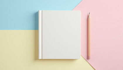 Closed white notebook and pencil on colorful pastel background