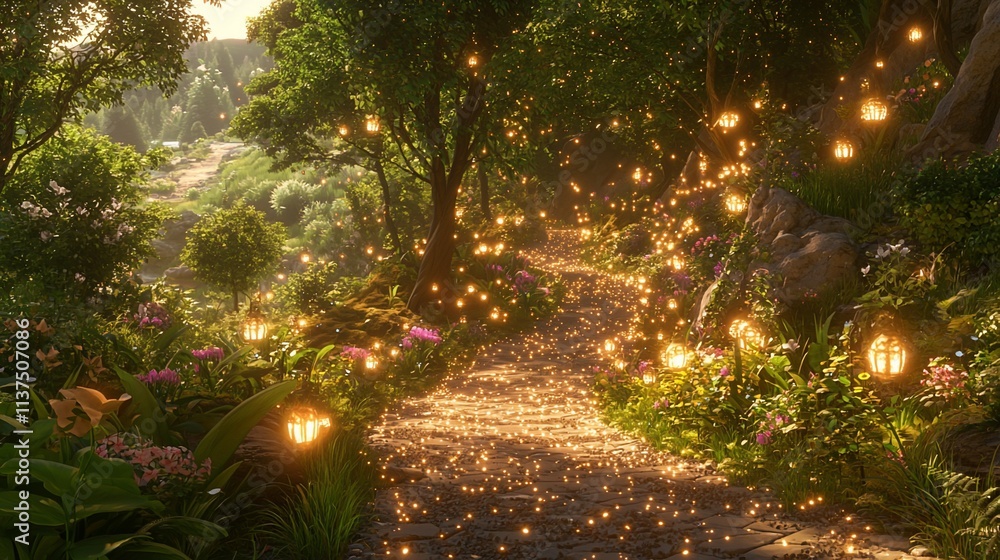 Poster lit path in forest with hanging lanterns.