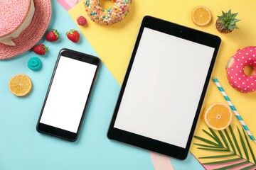 Smartphone and Tablet Template Social Media Mock-Up with Vibrant Flat Lay