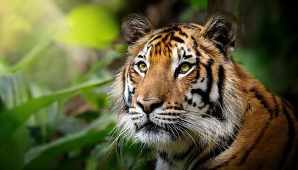 Obraz premium A majestic tiger in a dense green forest, extreme close-up