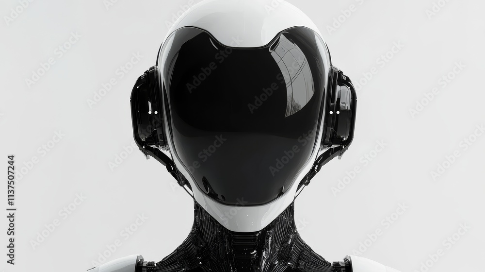 Poster simple yet futuristic white robot with a smooth, sleek helmet and dark visor. the minimalistic desig