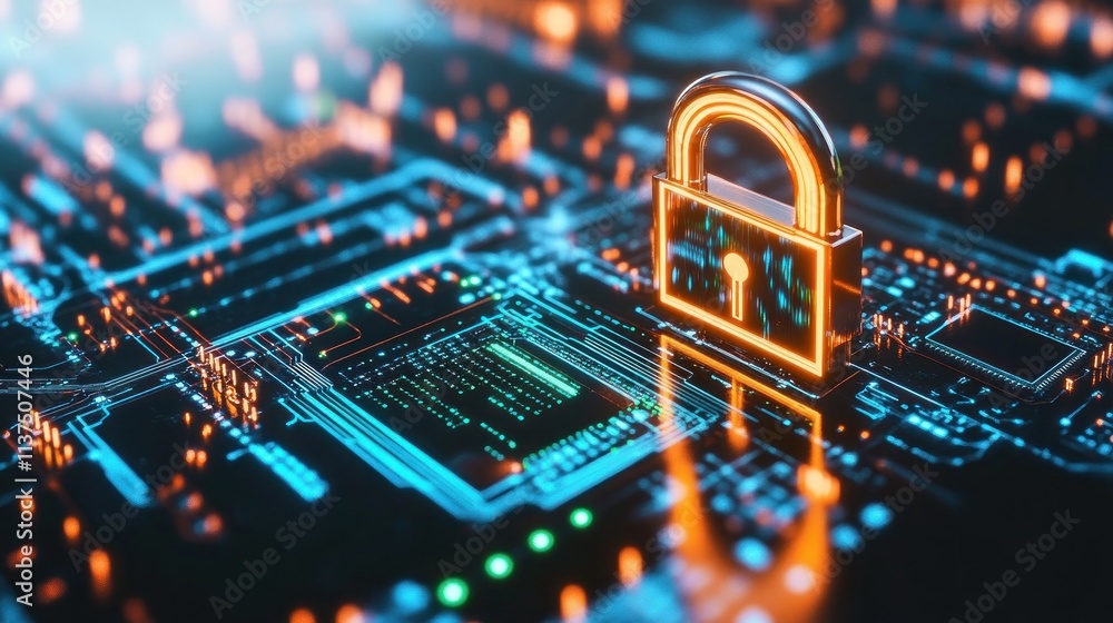 Poster digital lock symbolizing cybersecurity on circuit board
