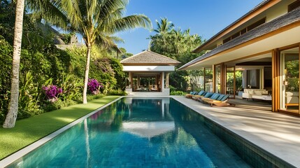 Fototapeta premium A beachfront villa with open-plan architecture, infinity pool overlooking the ocean, and palm trees.