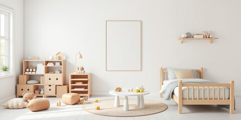 Modern child room mock up interior in Scandinavian style with an empty white wall, bed, table, and toys for kids, toys, cozy room