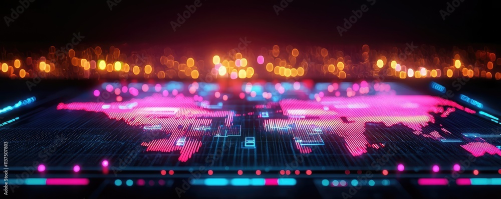 Poster weather forecast idea. futuristic digital map with vibrant neon lights and glowing landmarks.